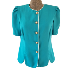 Vintage Leslie Fay Blue Scalloped Petal Hem Short Sleeve Blazer Coat-Size 12